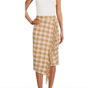 Time and Tru Camel & Beige Plaid Faux Wrap Fringe Heavy Skirt Size Large